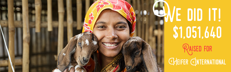 A happy girl with two baby goats next to text saying "We Did It! $1,051,640 raised for Heifer International!"